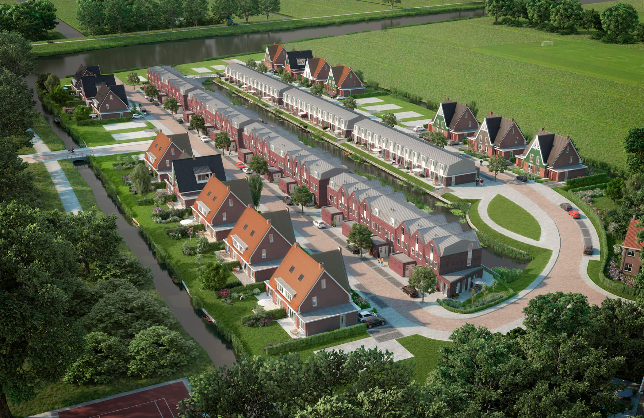 Vogelvluchtimpressie nieuwbouwproject Waterschouw te Assendelft woonwijk met diverse rijwoningen en twee-onder-een-kap woningen.