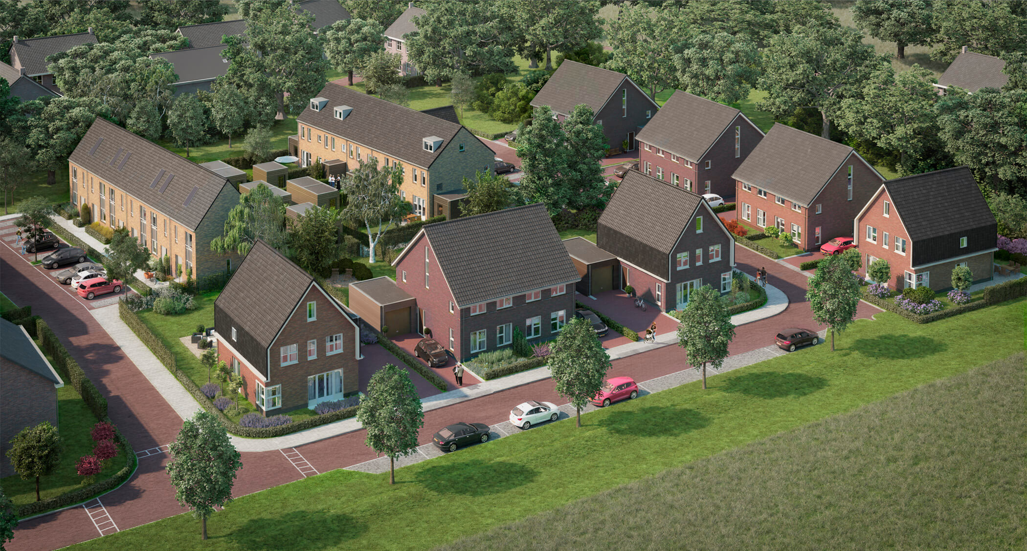 Vogelvluchtimpressie Zandekkers Raavenswaaij een beeld over de nieuwbouwwijk met diverse soorten woningen in een omgeving met veel bomen.