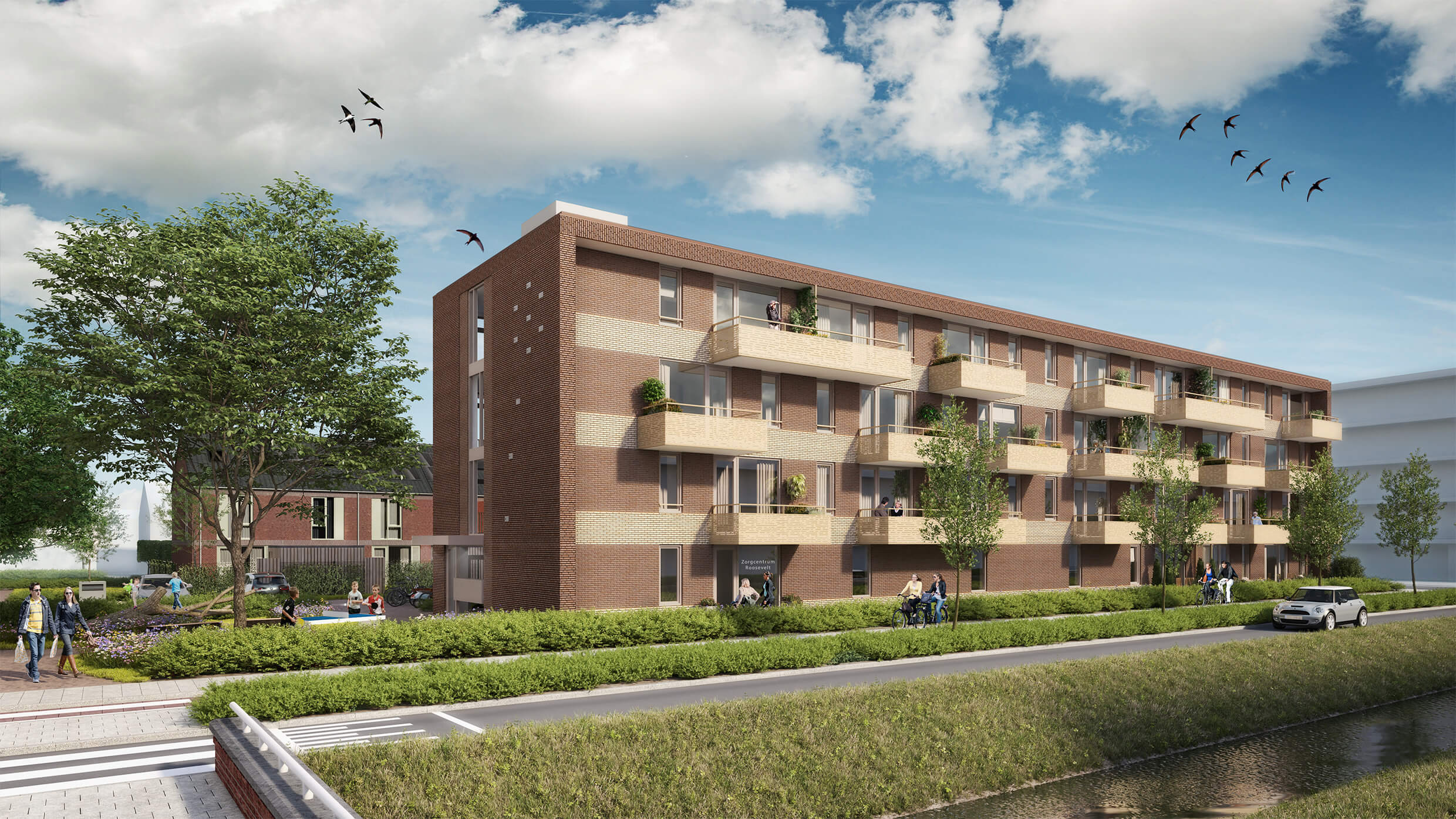 Artist impression Rooseveldweg Wageningen straatbeeld met appartementencomplex in warme steenkleuren