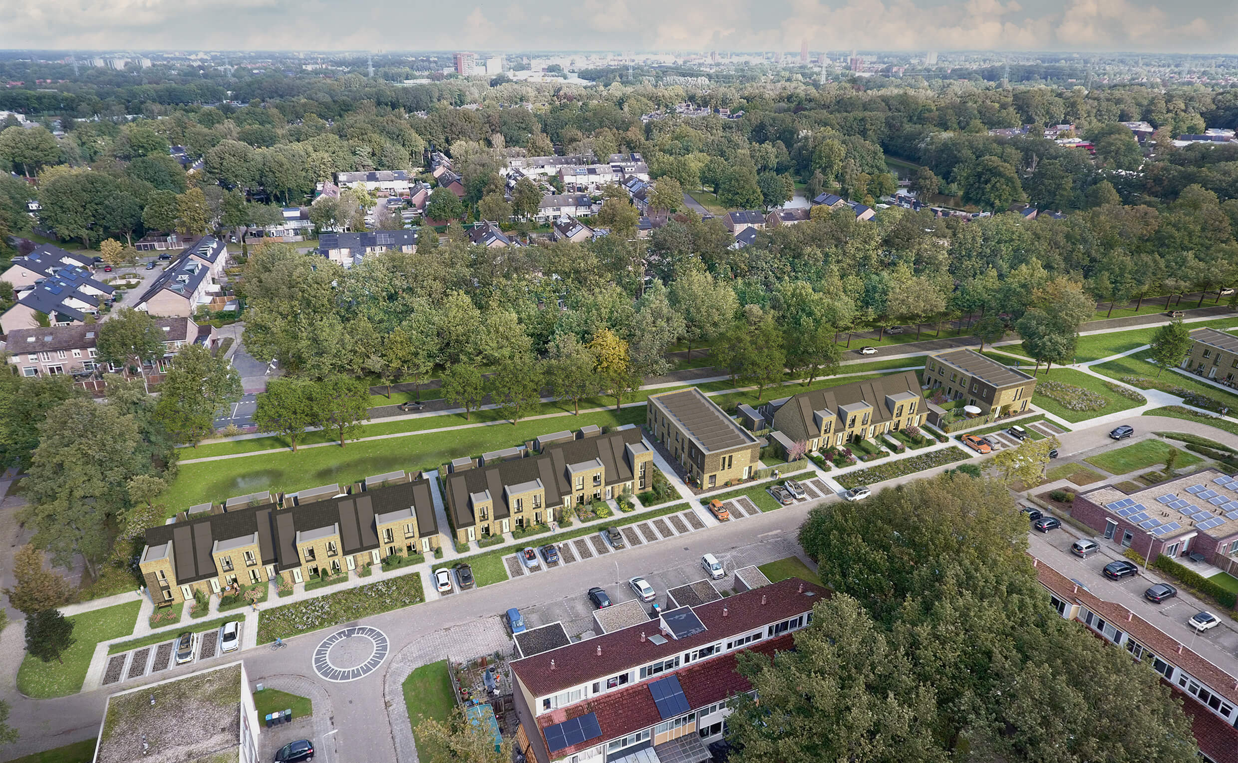 Vogelvlucht impressie Enschede nieuwbouw met diverse rijwoningen.