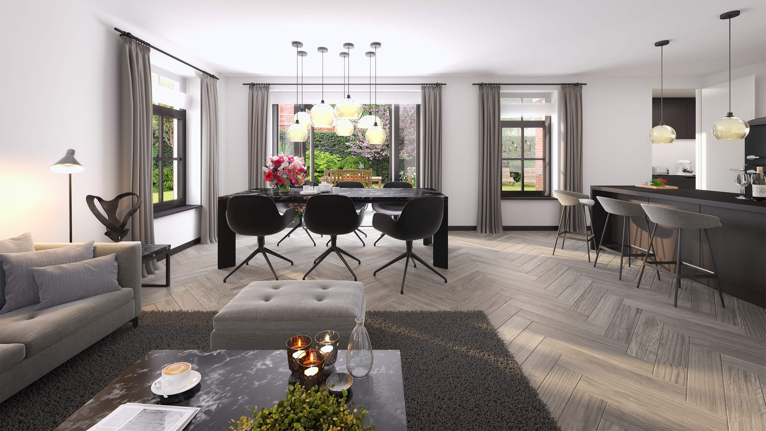 Interieurimpressie in modern klassieke style van een vrijstaande villa overzicht op woonkamer de eetkamer de keuken en de tuin.