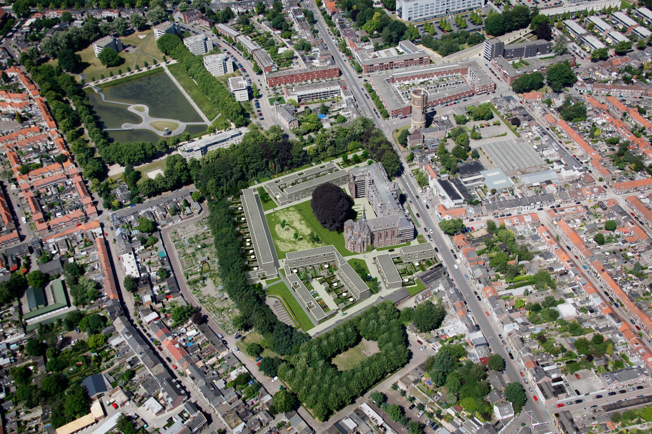 Vogelvlucht impressie met de herontwikkeling van het missiehuis Rooi Harten en de kloostertuin in Tilburg.