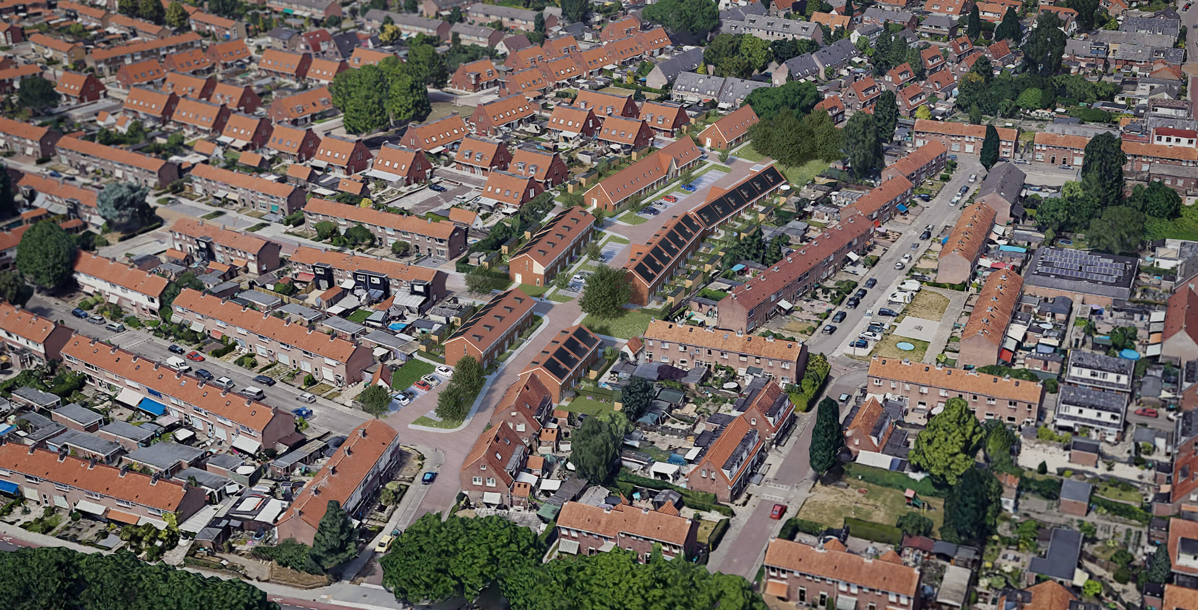 Vogelvlucht impressie een ruim overzicht over de Dr Schaepmanstraat in Velp centraal in deze impressie staan de nieuwbouw rijwoningen.