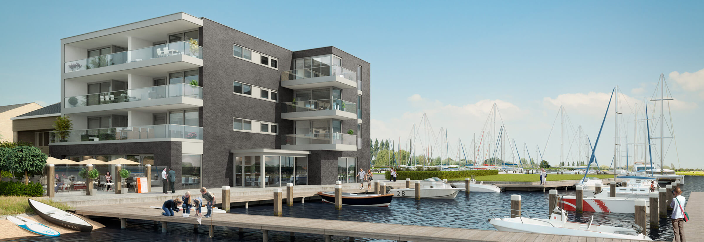 3D Visuals De Veerse Muze modern vakantiewoningencomplex aan het water met bootsteiger en horeca.