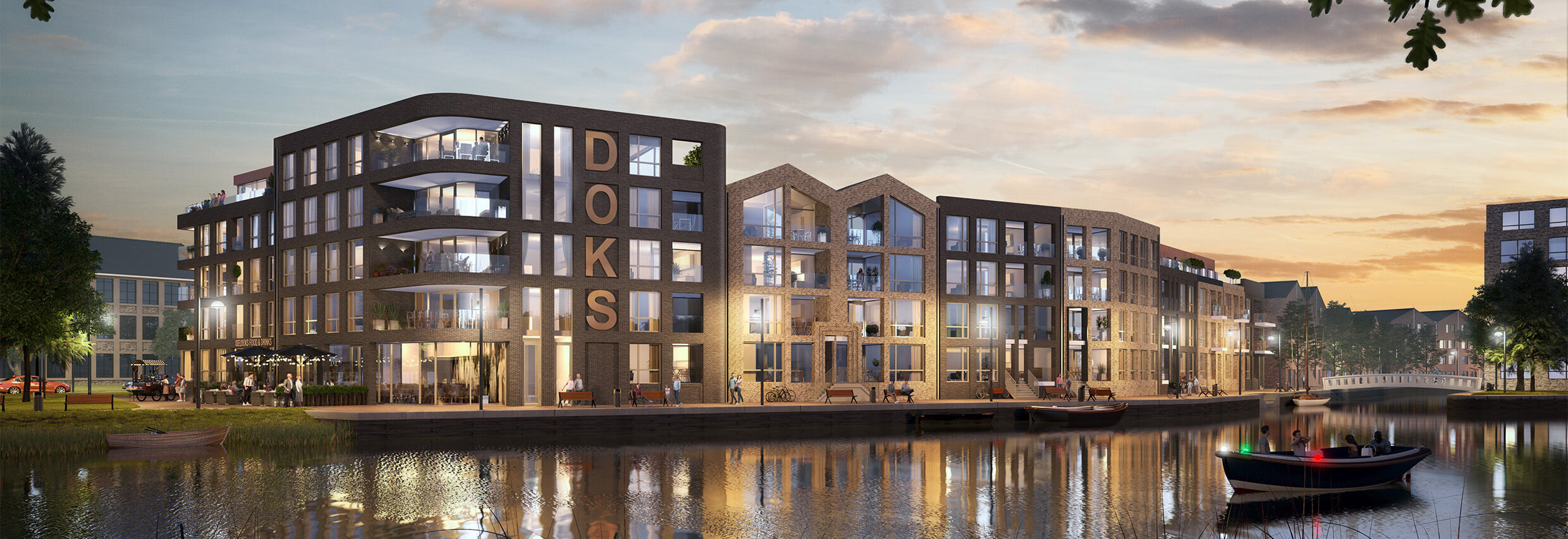 Artist impressie overzichtelijk wonen aan water in avondlicht van het voorlopige ontwerp wooncomplex Iseldoks